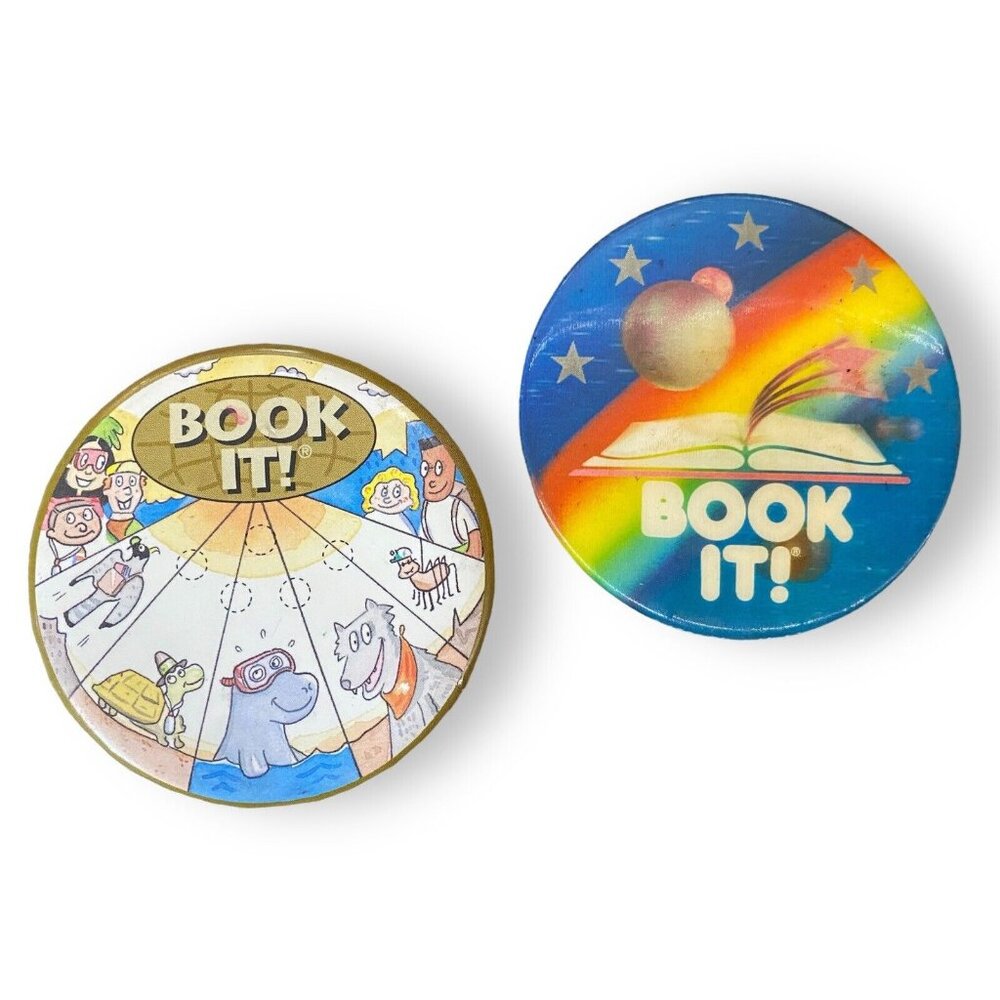 Vintage 1990 Book It! Button Pin Bundle Lot 2 Pizza Hut Reading Club Retro Pins - Picture 1 of 3
